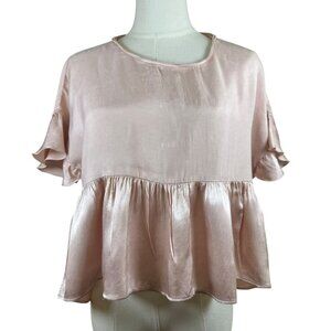 Zara Basic Shimmering Pink Baby Doll Tee Shirt Small Silky Peplum Hem